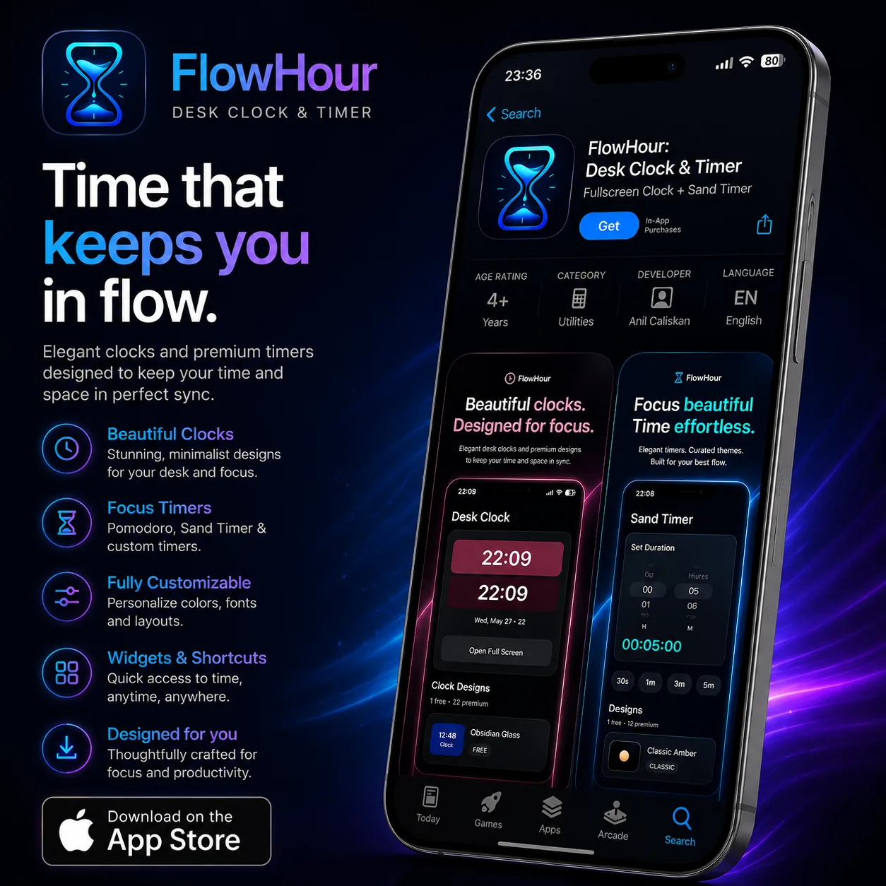 FlowHour running as a desk clock and as a sand timer