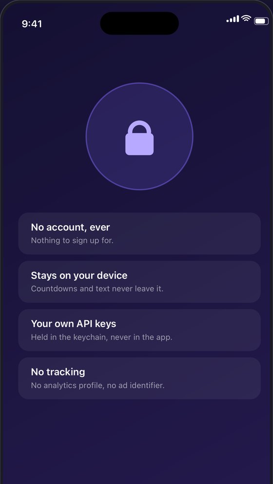 The privacy screen: no account, stays on your device